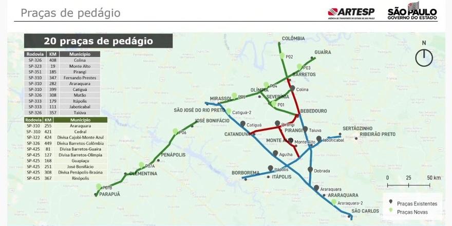 Mapa apresentado durante audiência pública com as novas praças de pedágio previstas no Estado de São Paulo (Reprodução)