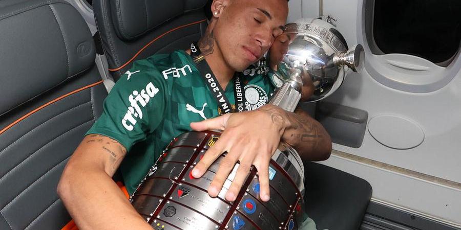 Breno Lopes abraça a taça da Libertadores no voo de volta do Palmeiras para o Brasil (Reprodução)